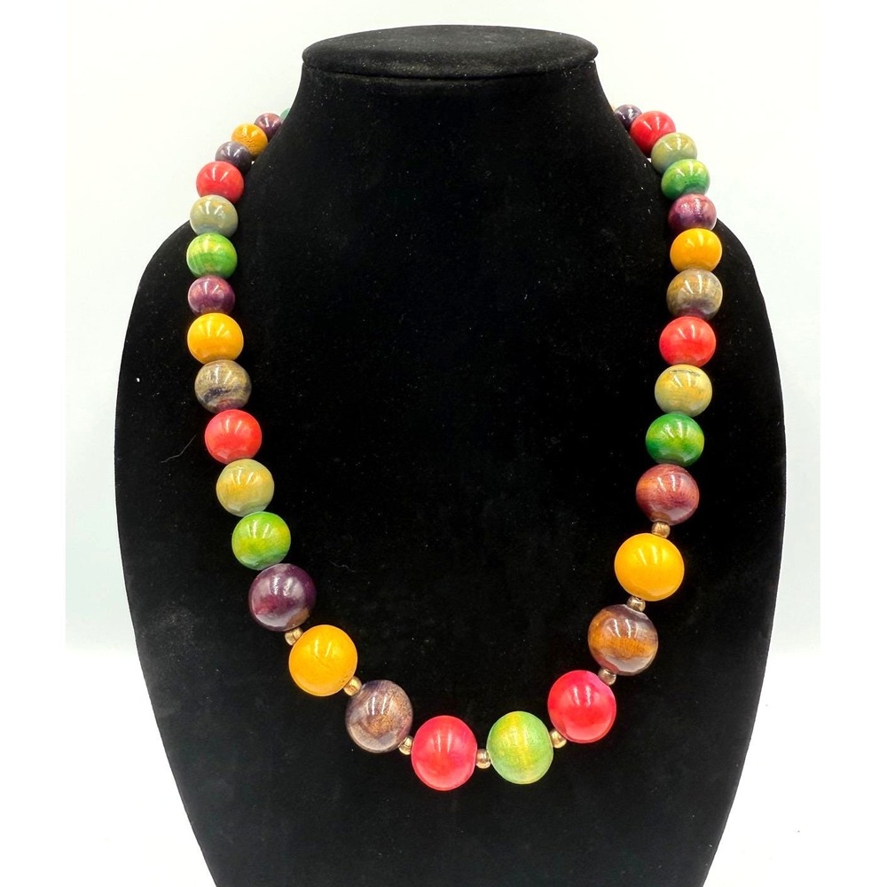 Vintage Multi Color Rainbow Beaded Statement Necklace Gold Tone Hook Clasp‎